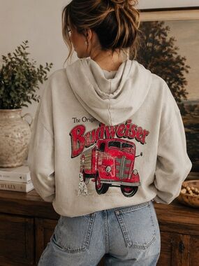 Men’s Budweiser Beige Crewneck Sweatshirt with Red Truck Graphic